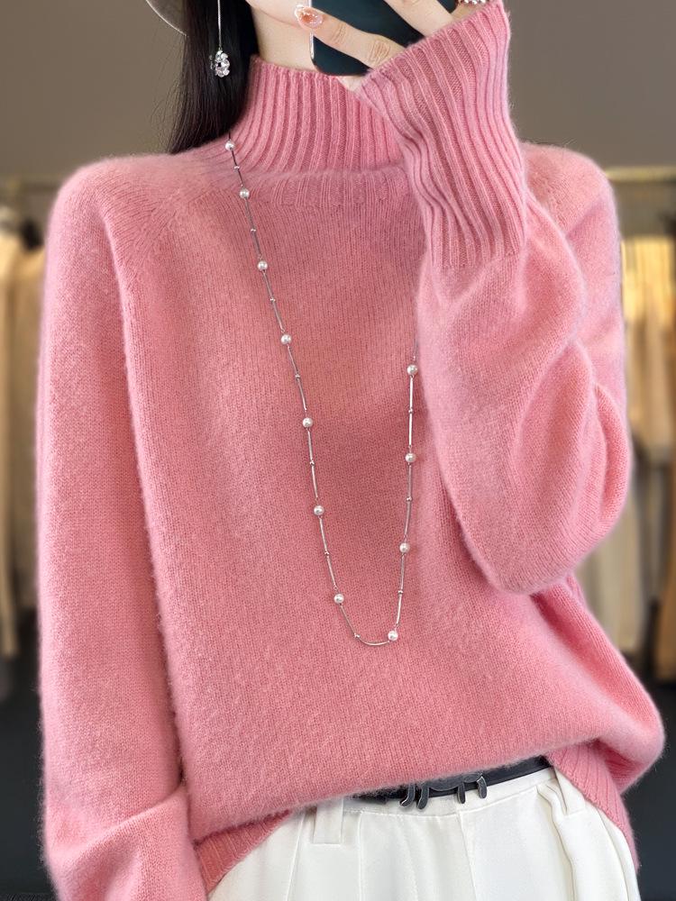 Women's High Neck 100% Wool Sweater - Loose Knit, Thick, Versatile, Cozy Base Layer for Autumn & Winter