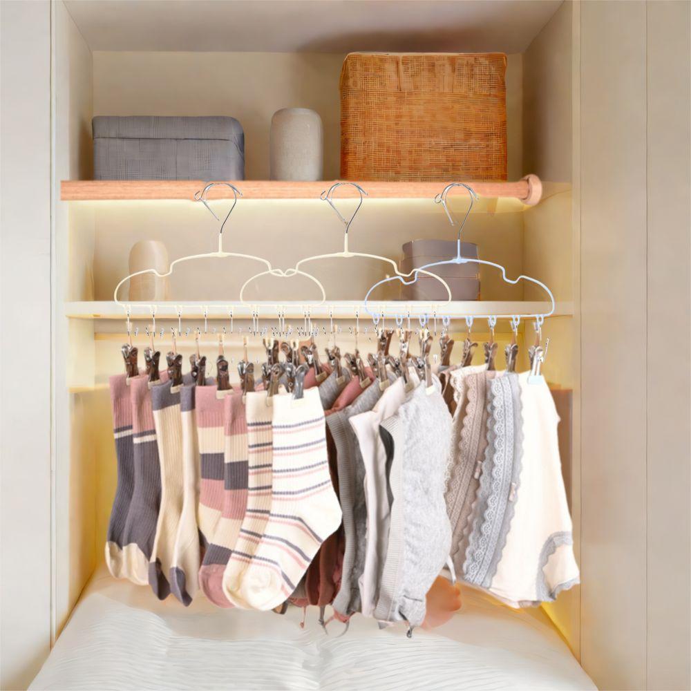 5Pcs Non-slip Clothes Hanger with 8 Clips Windproof Sock Hangers Clothes Drying Rack  Closet Storage