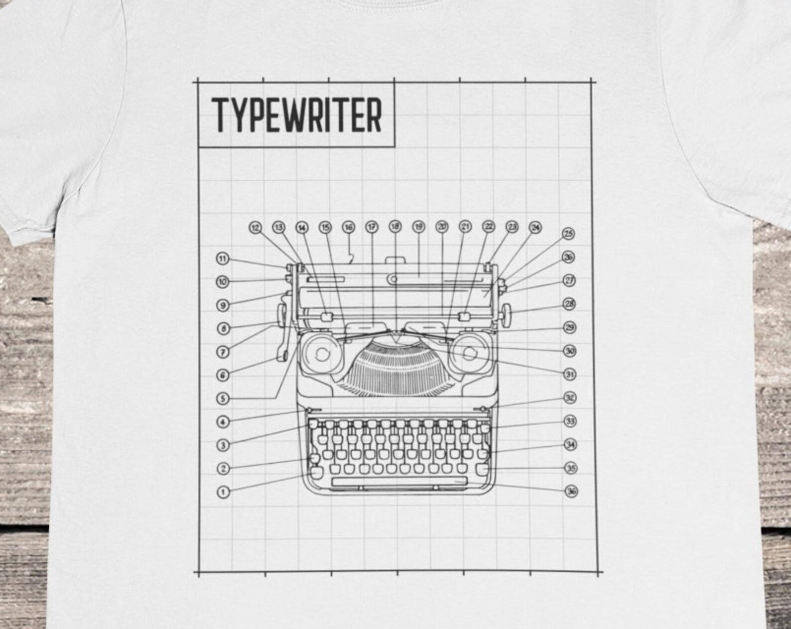 Typewriter Blueprint T-Shirt: Vintage Antique Design, 100% Cotton L