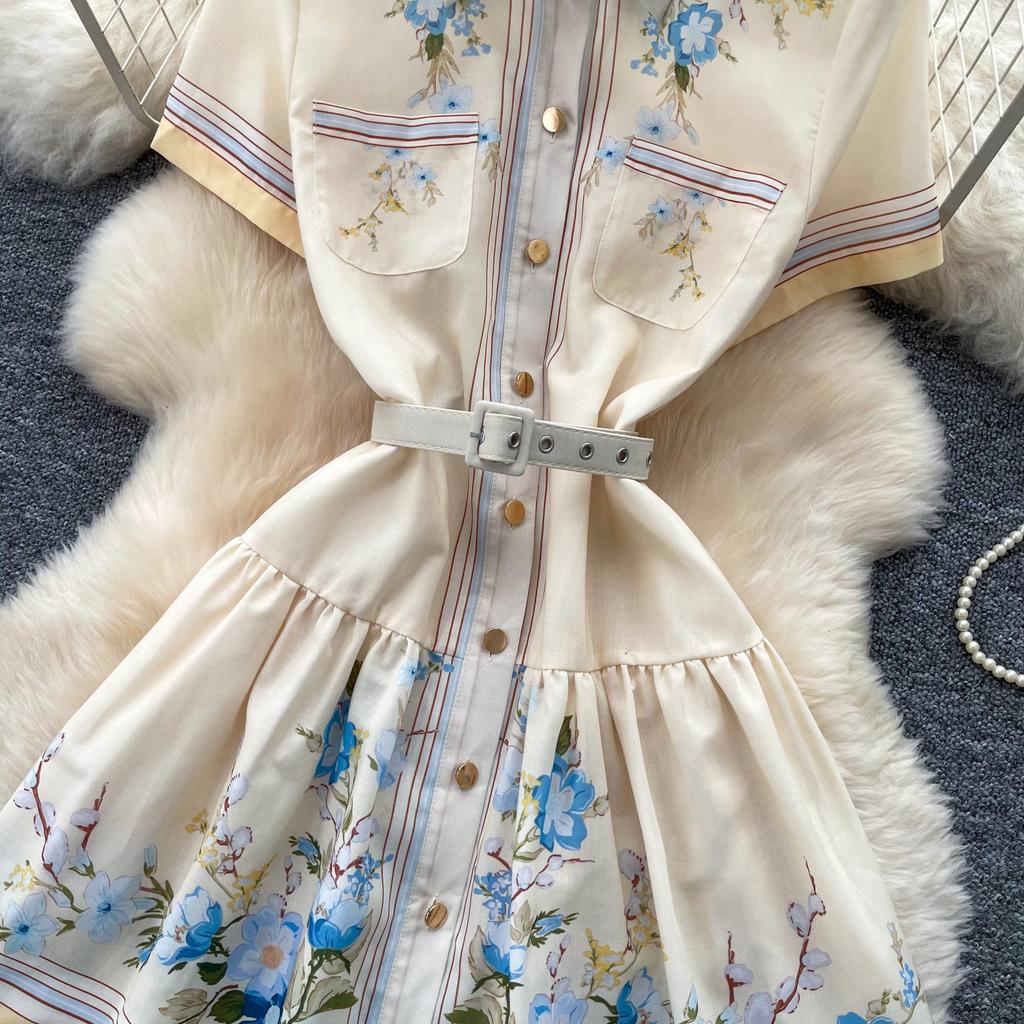 Elegant Floral Print Short Dress for Women Summer Turn Down Collar Short Sleeve Slim Shirt Dress Female with Belt