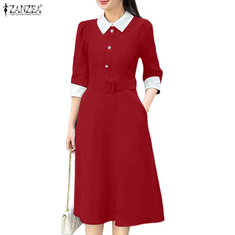 ZANZEA Women Splice Collar 3/4 Sleeve Casual Long Dress
