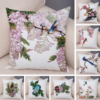 Hand Drawn Bird and Flower Cushion Cover Watercolor Botanical Design Soft Square Pillow Modern Home Decor Xcm