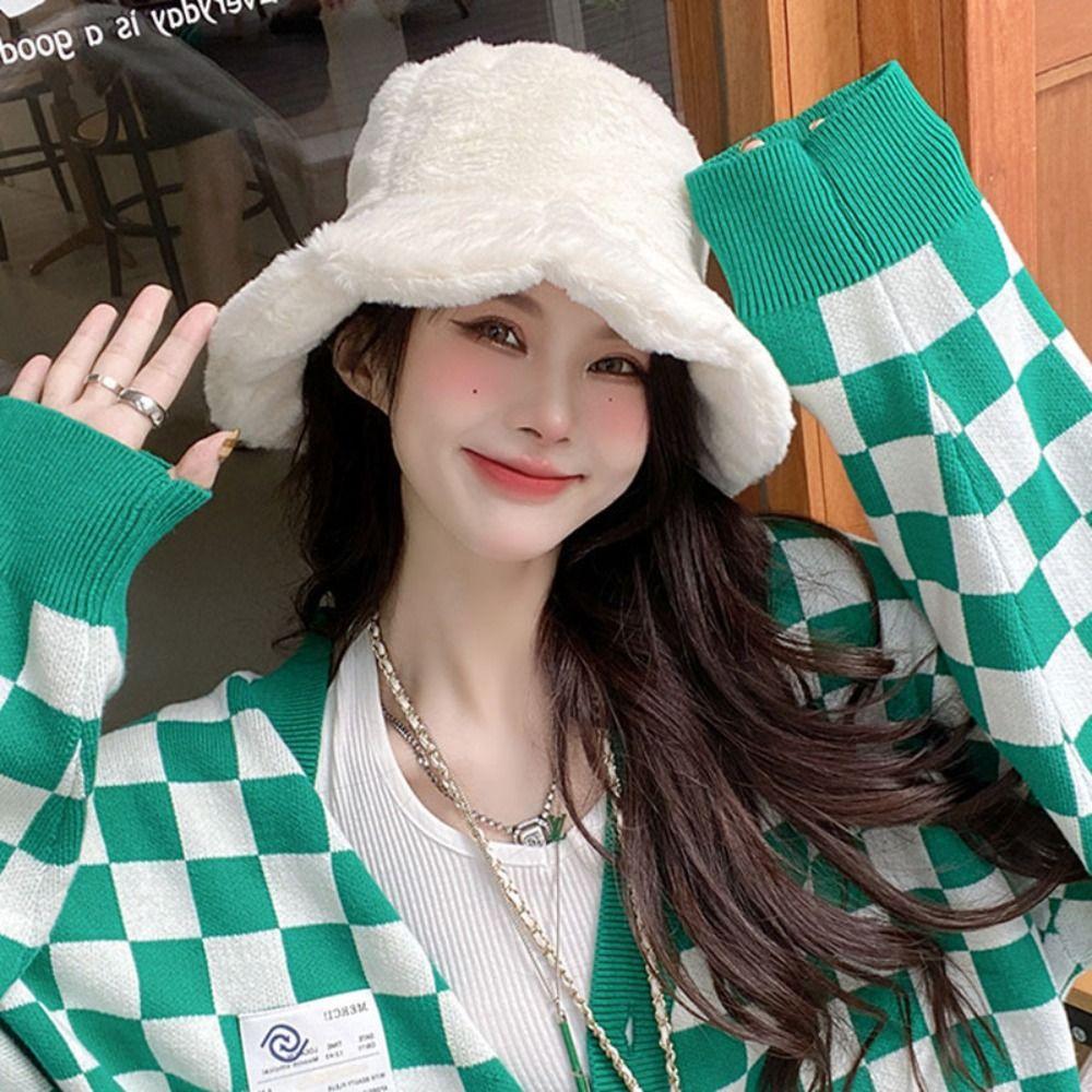 Plush Fisherman Cap Thick Warm Plush Bucket Hat Fashionable Fluffy Winter Cap Outdoor Activities
