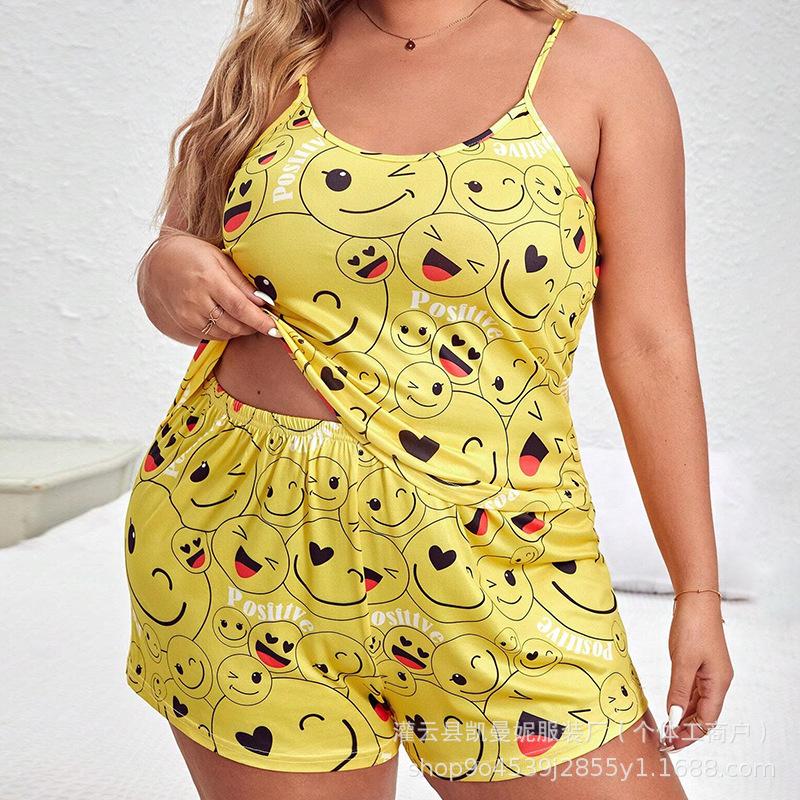 European and American suspender shorts large size fattened and enlarged fat woman pajamas loungewear set casual loose and comfortable