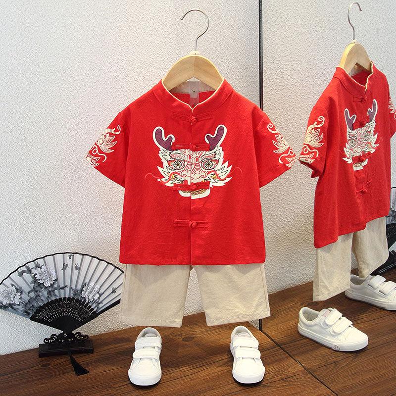 Completo Estivo da Ragazzo a Maniche Corte Stile Cinese per Bambini Hanbok Bello Completo Tang Cotone Lino Sezione Sottile di Abbigliamento Antico