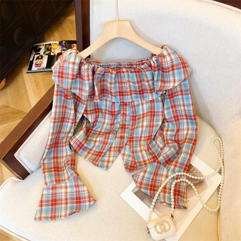 

Осень новый ретро модный клетчатый топ-труба с открытыми плечами рубашка универсальный топ с расклешенными рукавами женский тренд S красный