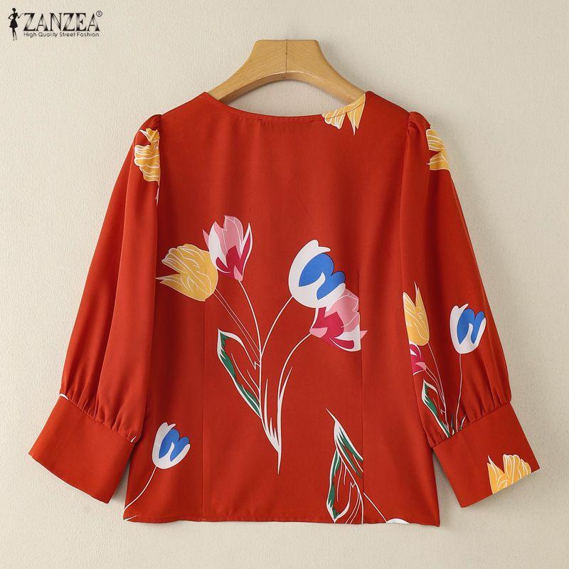 ZANZEA Women Casual Square Collar Summer 3/4 Sleeve Print Blouse