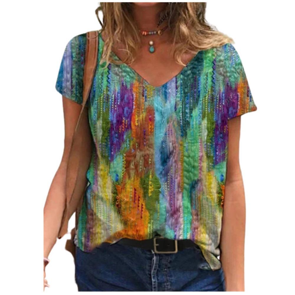 Women's Summer T-shirt Fashion 3d Plant Print Streetwear Women's Casual V-neck Short-sleeved Loose Top T-shirt 2025