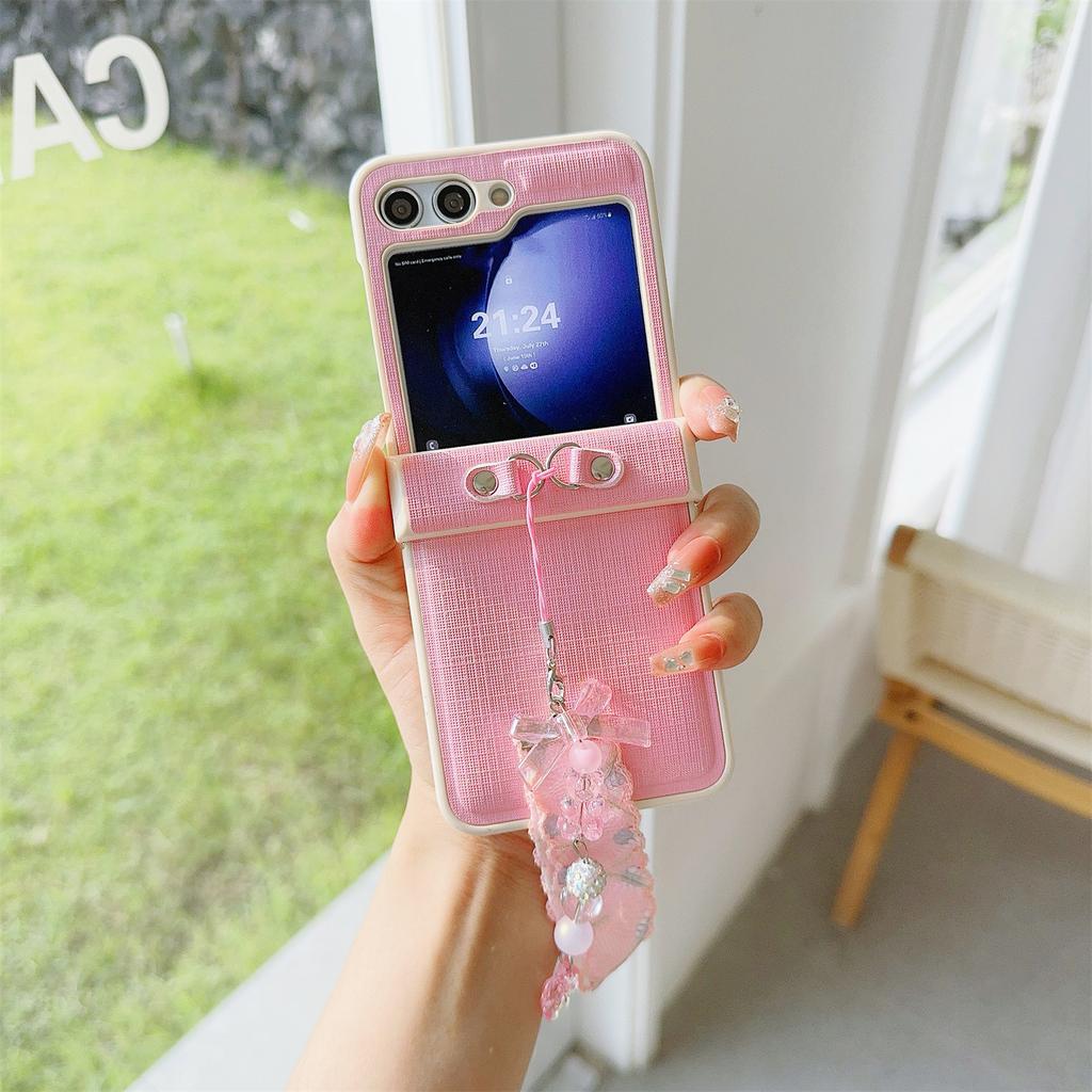 For Samsung Galaxy Z Flip5 5G Cross Texture PU Leather+PC Phone Case with Lace Beaded Pendant