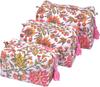 Handmade Cotton Toiletry Bag Set of 3 | Quilted Floral Print Cosmetic Pouch Organizer for Women | Pink Travel Makeup Case with Waterproof Lining