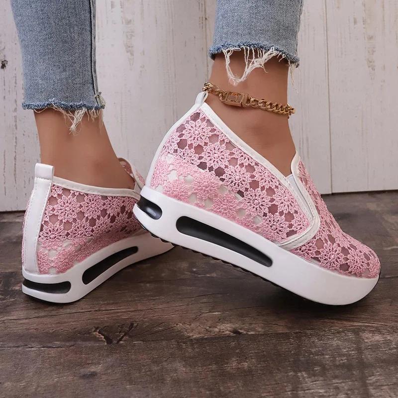 Fashion Fashion Embroidered Platform Sneakers for Women 2025 Summer Breathable Mesh Sports Shoes Woman Thick Sole Slip On Casual Shoes