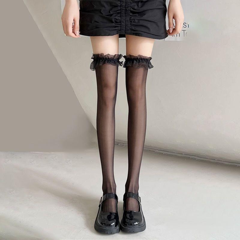 Wiosna/Lato Białe Jedwabne Podkolanówki za Kolano z Koronkowym Wykończeniem