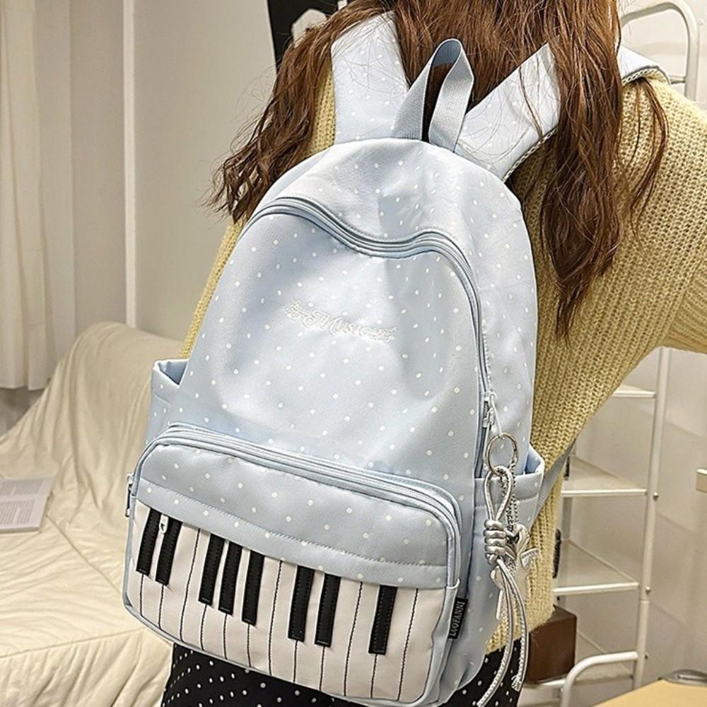 Sac d'école préppy grande capacité Sac à dos en nylon avec motif touches de piano Sac à dos à pois Shopping