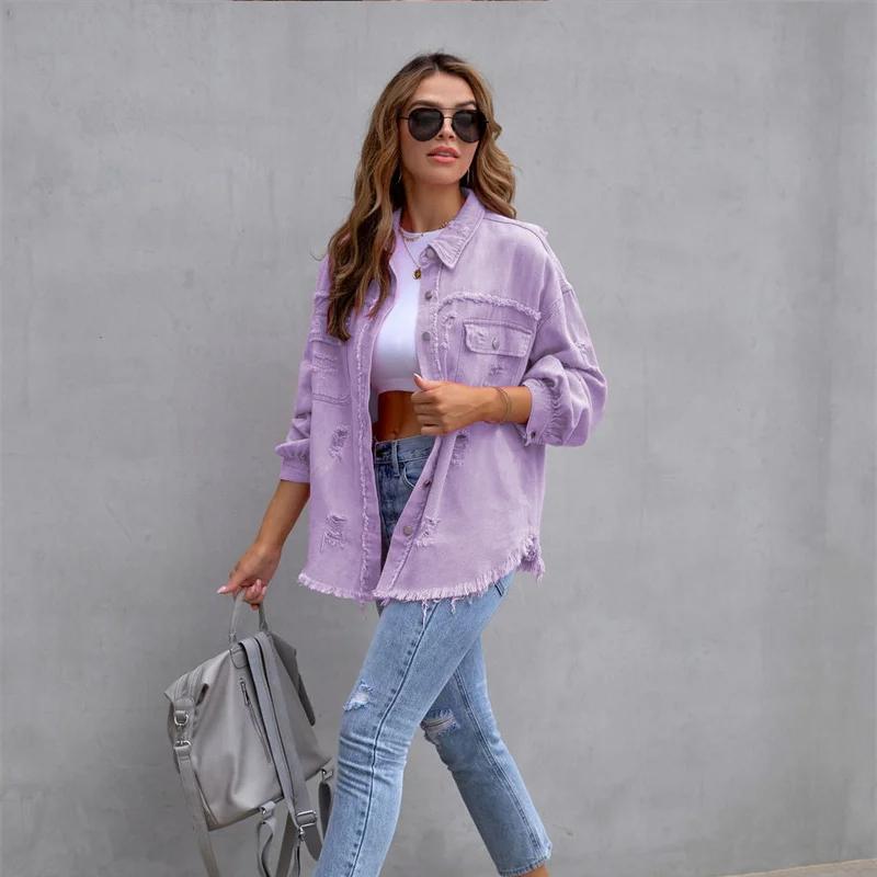VAYLA Holes Raw-edges Denim Jacket Women Spring Autumn Shirt Style Jeancoat Casual Top Rose-Red Orange Purple Outerwear Lady Coat