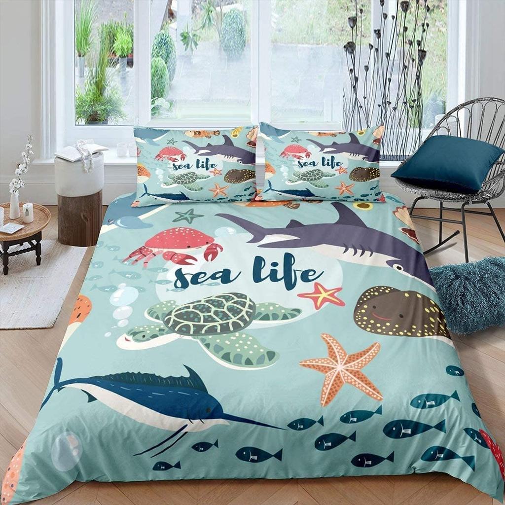 Set Copripiumino Tartaruga Marina Oceanica 3D Spiaggia Mondo Marino Set Biancheria da Letto Blu Petrolio Set Biancheria da Letto e Lino Stanza 2 Pezzi Matrimoniale, Cerniera Ragazzi