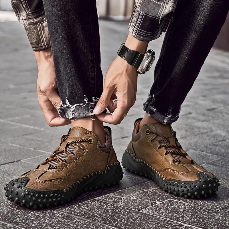 Large-sized Hand-stitched Casual Men's Shoes, Outdoor Anti-slip and Wear-resistant Men's Leather Shoes