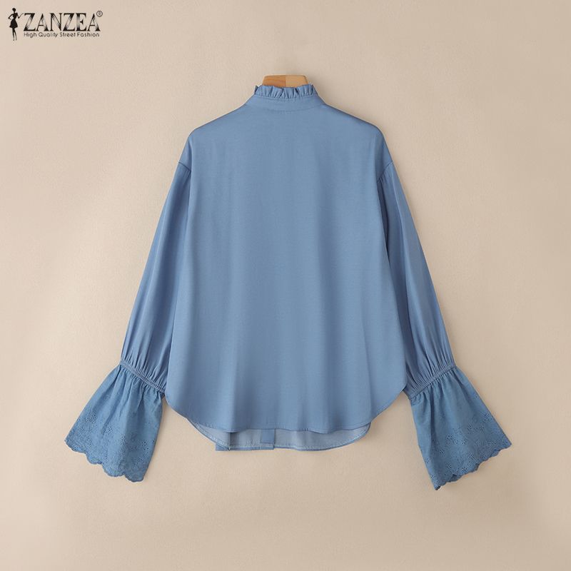 ZANZEA Women Casual Round Neck Loose Crochet Splice Long Sleeve Blouse