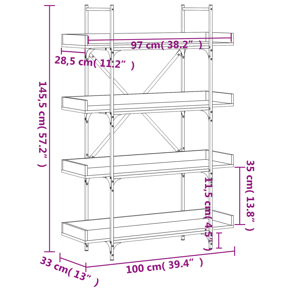 Bookshelf 4 Shelves Smoked Oak Finish 100 x 33 x 145.5 cm Engineered Wood