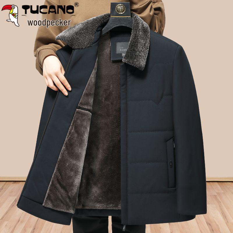 Woodpecker Men's Plus Velvet Thickened Winter Jacket - Warm Cotton Outerwear for Middle-Aged and Elderly