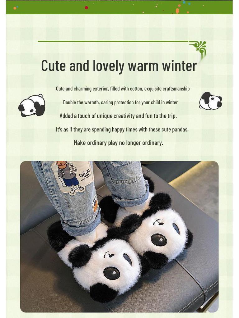 Children's Cartoon Panda Fluffy Slippers for Boys & Girls - Warm Cotton Home Shoes