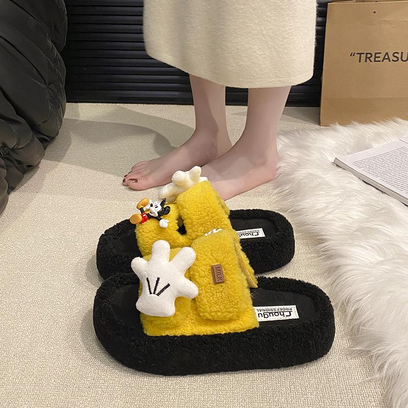 Fashion Soft and Cute One-word Fluffy Shoes for Women To Wear Outside 2025 Autumn and Winter New Thick-soled Cotton Slippers Cotton Slippers
