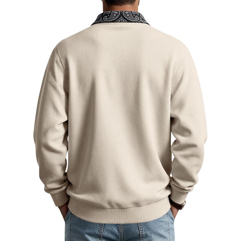 Mens Paisley Pattern Fleece Long Sleeve Polo Shirt American High Street Style