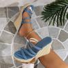 Women Slippers Fashion High-heeled Platform Slippers Classic Denim Canvas Slippers for Women Summer Open Toe Wedge-heeled Slides