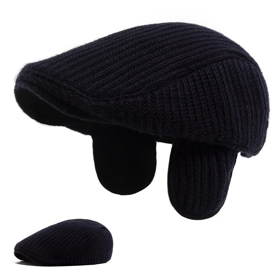 

Men Knited Berets With Earflaps Autumn Winter Thickened Warm Newsboy Cap Fashion Casual Crochet Flat Hats Big Head Circumference