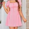 Bubble sleeve strap mini dress, European and American sexy print backless fungus edge sleeves A-word short skirt