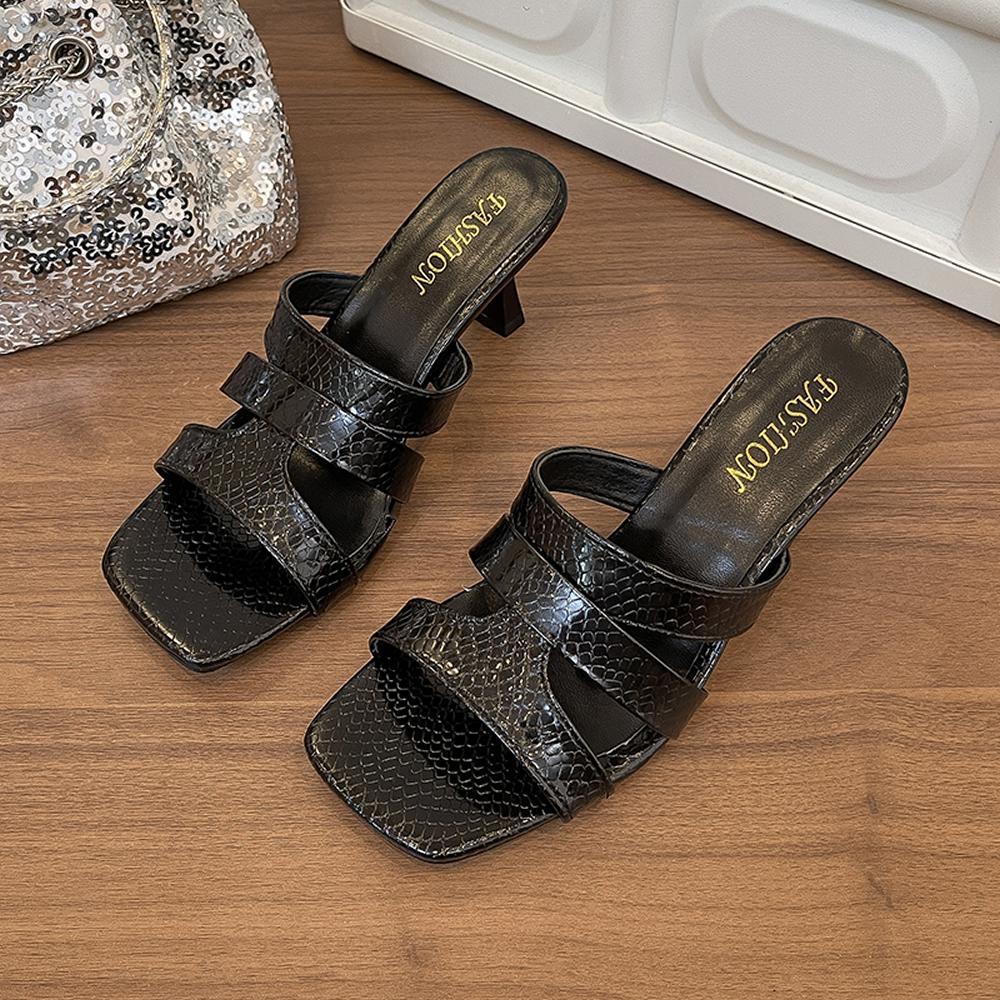 Bling Bling Luxurious Rhinestone Decor Slippers Women Square Toe Thin High Heels Sandals Summer Dress Shoes Party Wedding Shoes