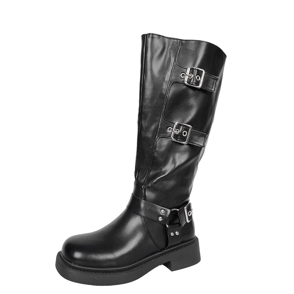 Fashion Soft PU Leather Women's Autumn Black Brown Long Boots Side Zip Belt Buckle Ladies Fashion Knee-High Bottes Femmes Western Style