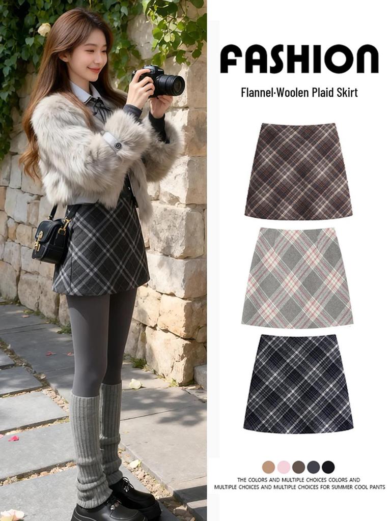 Women's Gray Plaid High Waist Woolen A-line Short Skirt - Autumn 2025 Collection