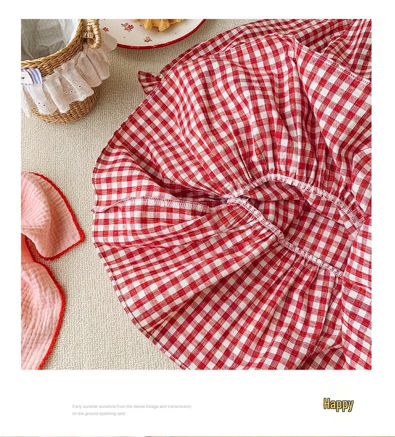 2026 Autumn Korean Children's Strawberry Embroidered Dress - Sweet Girl's Round Neck Lace Plaid Cake Skirt