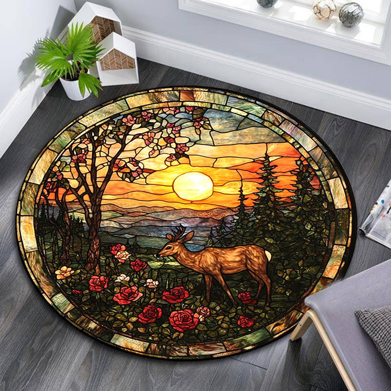Deer Sunset Round Area Rug,Carpet Rug for Living Room Bedroom Sofa Playroom Decor,Non-slip Floor Mat