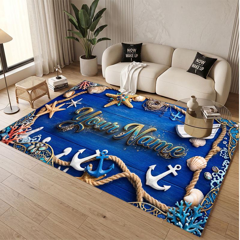 Fish Ocean Theme Soft Crystal Velvet Rug Custom Name & Text Print Non Slip Floor Rug for Bedroom Living Room