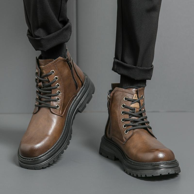FashionBrand Leather Fashion Motorcycle Boots Men Lace-Up Male Ankle Boots Men's Casual High Top Shoes New All-match Men Walking Shoes