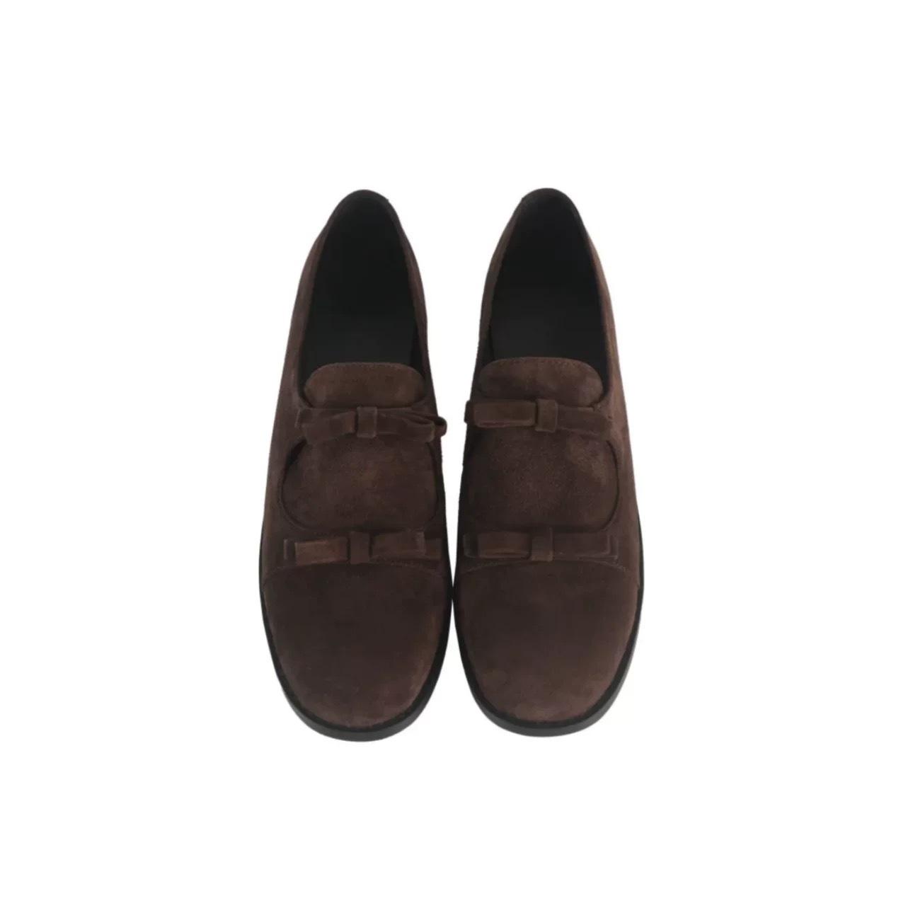 

Retro leather double bow small leather shoes women s 2025 spring new thick heel round head loafers Mary Jane single shoes 40 коричневый