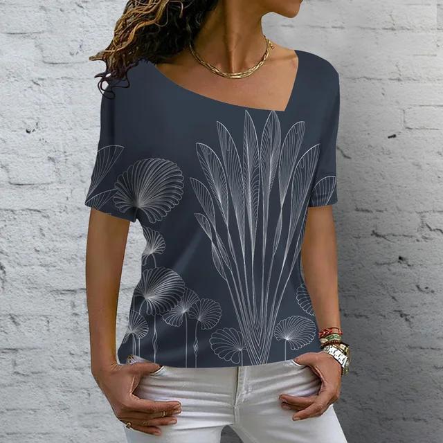 V-neck Fashion T Shirt Summer Flower Printing Short Sleeve Women's Casual Basic T-Shirt Ladies Vintage Elegance Tops