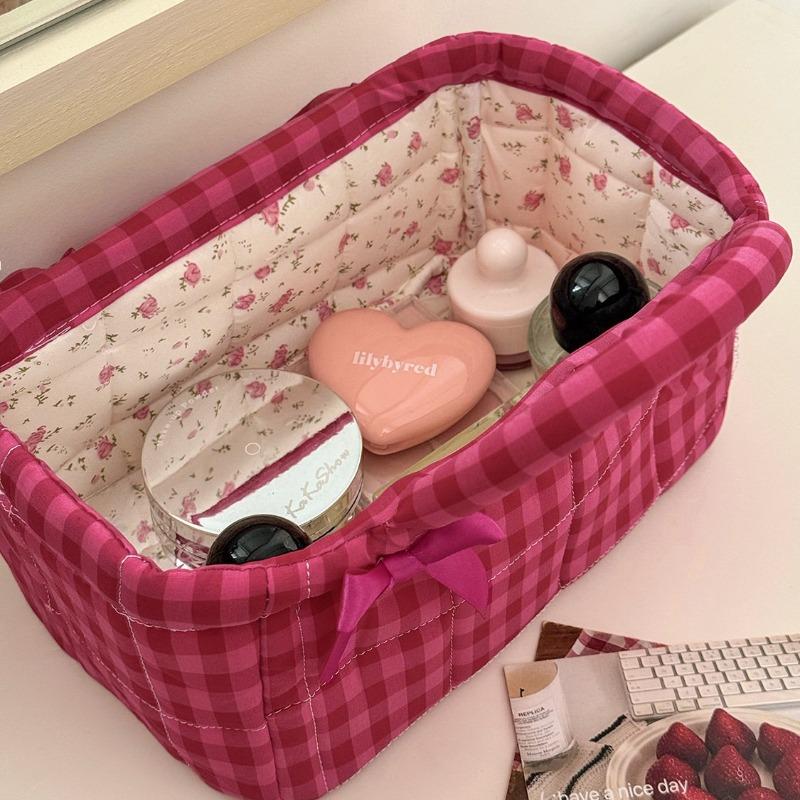 Portable Home Storage Basket Foldable Red Grid Organizers Basket with Handle for Snack Clothes Toys Storage Basket Ins Handbag