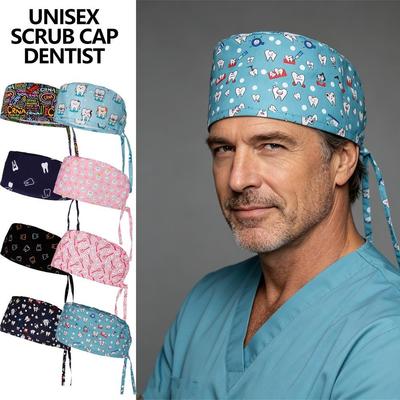 Woman Man Dental Anesthesia Print Scrub Cap Cotton Surgical Cap Adjustable Working Hat for Nurse Doctor Dentist Surgeon Clinic Hospital