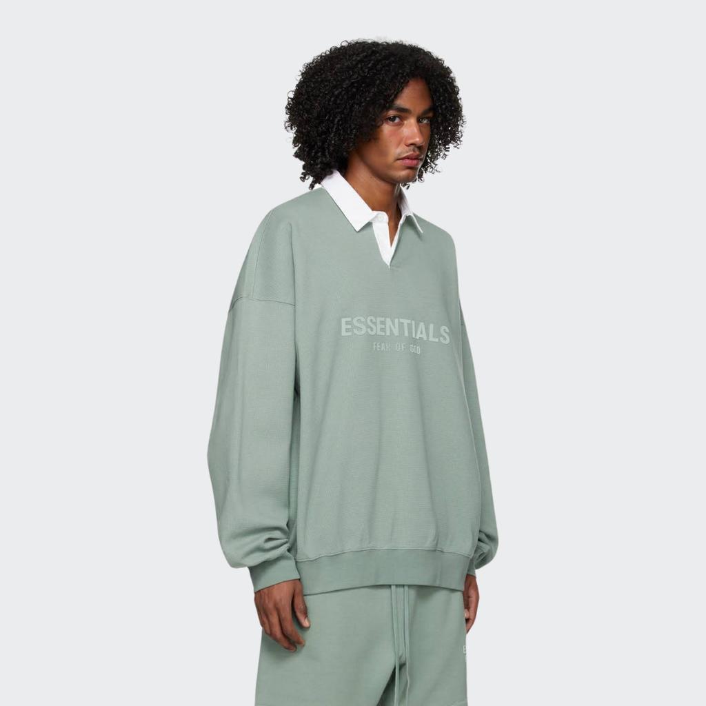 Fear of God Essentials SS23 Henley Rugby With Sycamore Logo Long Sleeve Polo Shirt Men Tops Mist-Blue FOG-SS23-056