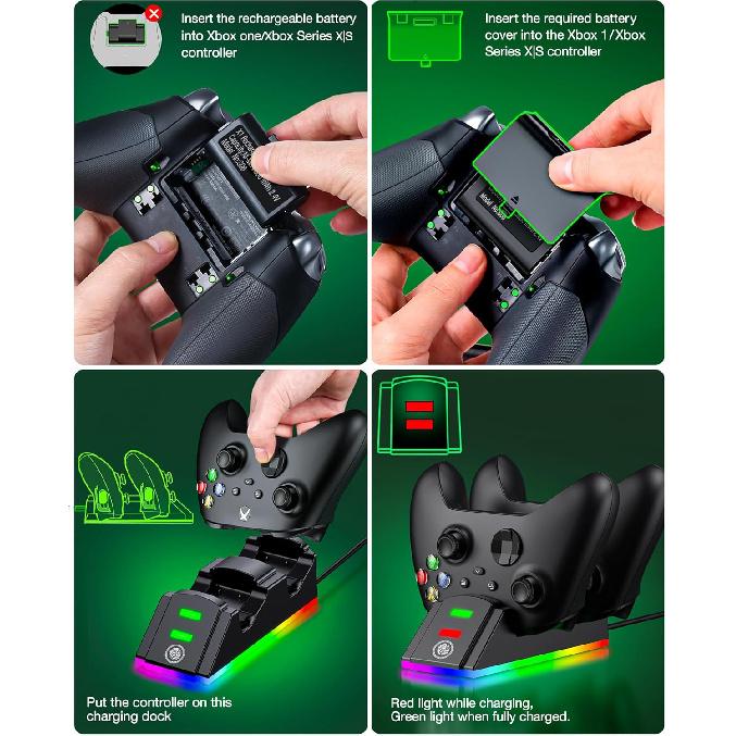 Xbox Controller Charger Station with 2 Packs 4320mWh Rechargeable Battery for Xbox Series X/S/One/Elite Controller, Dual Charging Dock with RGB