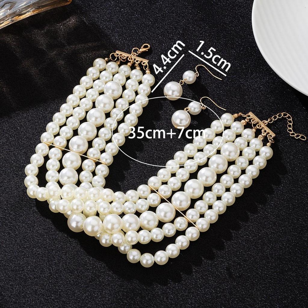 Vintage Multi-Layer Imitation Pearl Choker Necklace and Earring Set for Women