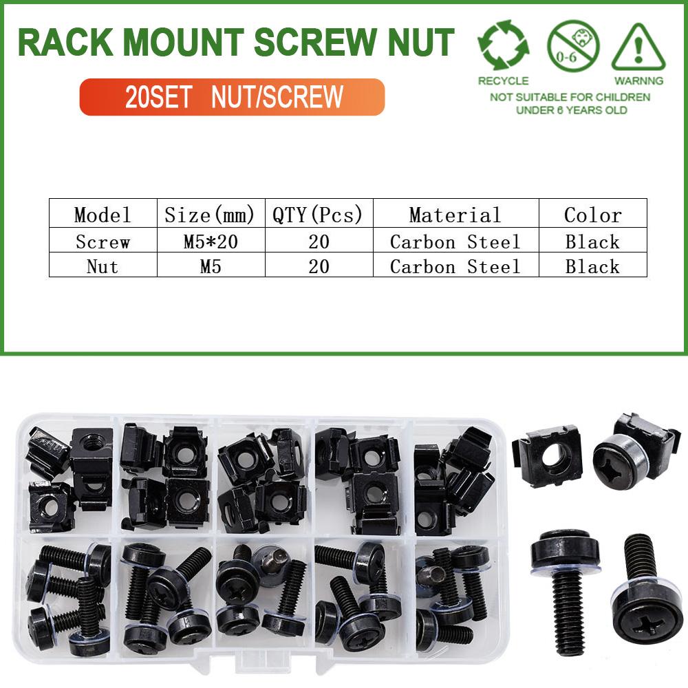 M6x16mm M6x20mm Black Carbon Steel Screw Nut Set For Rack Mount Server Cabinet Shelves Phillips Bolt Cage Nuts Kit 20Set M5 M6