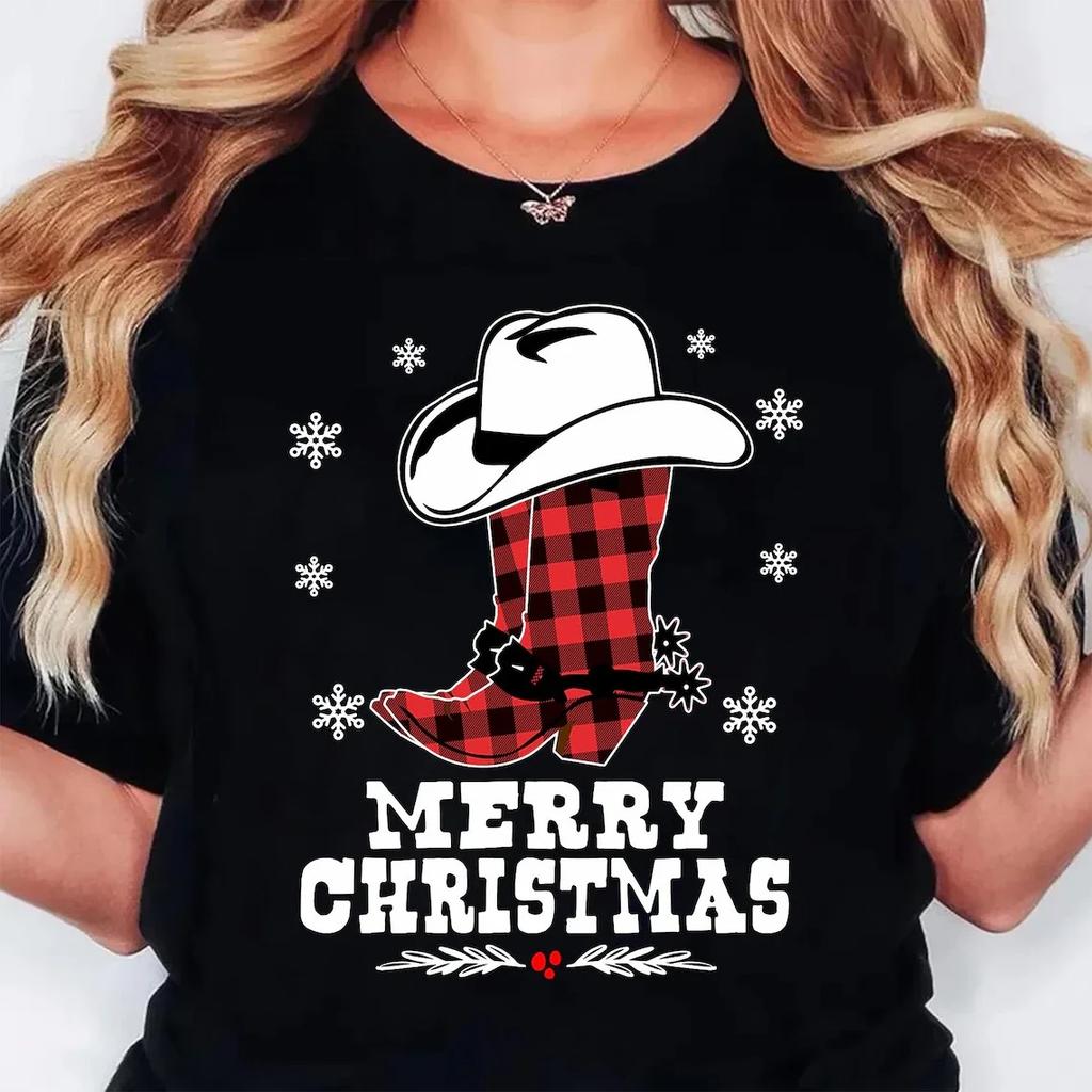 Boots Christmas Shirts Western Cowgirl Holiday Tee Casual Short Sleeve Top Womens Clothing Cartoon Streetwear Y2k Clothes
