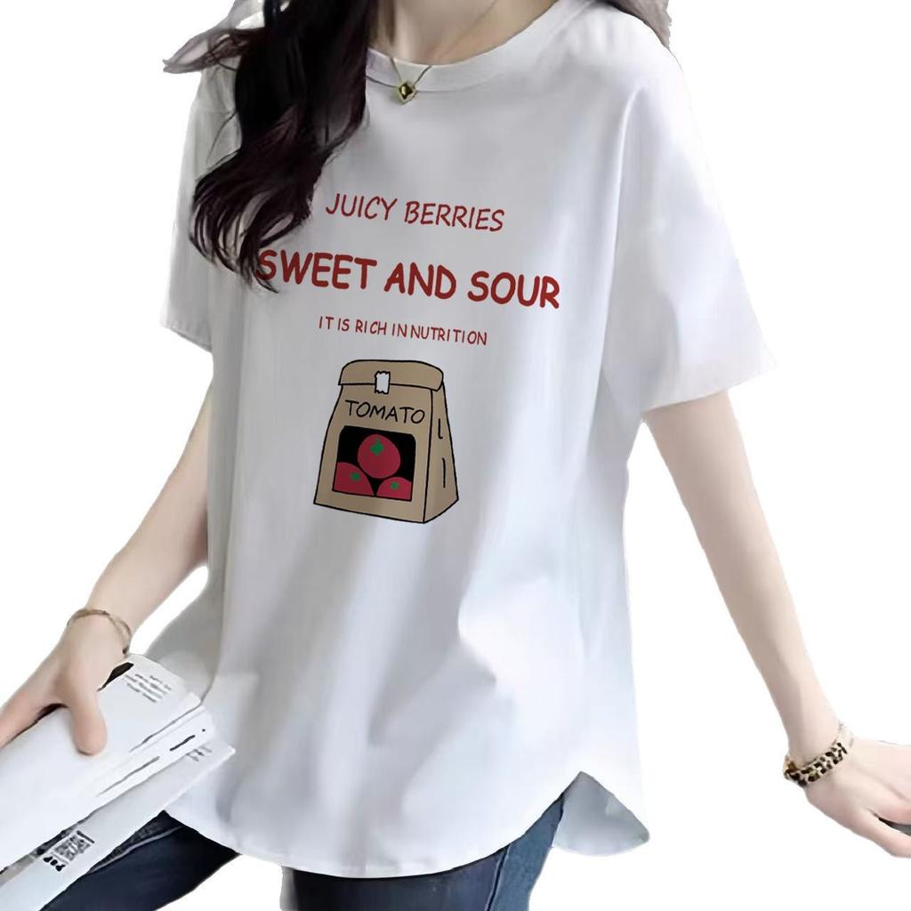 Pure Cotton Short-sleeved T-shirt Women's Medium and Long Spring and Summer New Loose Curved Hem Half-sleeved Loose and Thin Top