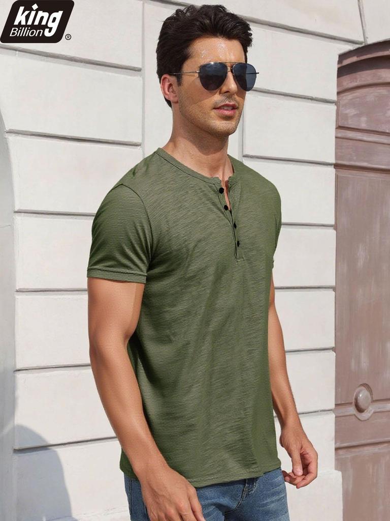 Men's Cotton T-shirt Fashion Button Design Breathable Solid Color Short-sleeved Henley Neck Tops Slim Fit Cozy Male Casual Tees