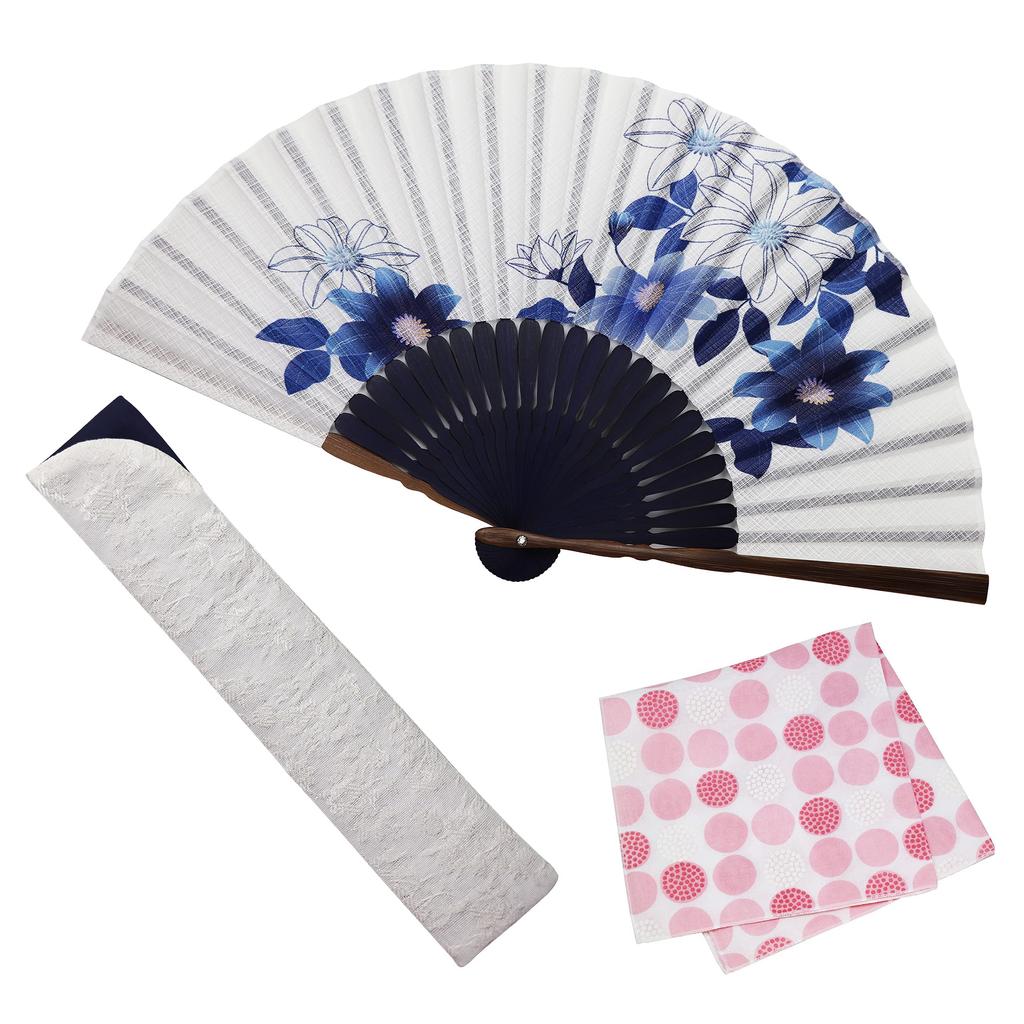Stylish Business Fan with Fan Bag and Handkerchief Indigo Blue [Osaka Choseido] Women's Set, (Iron Wire)