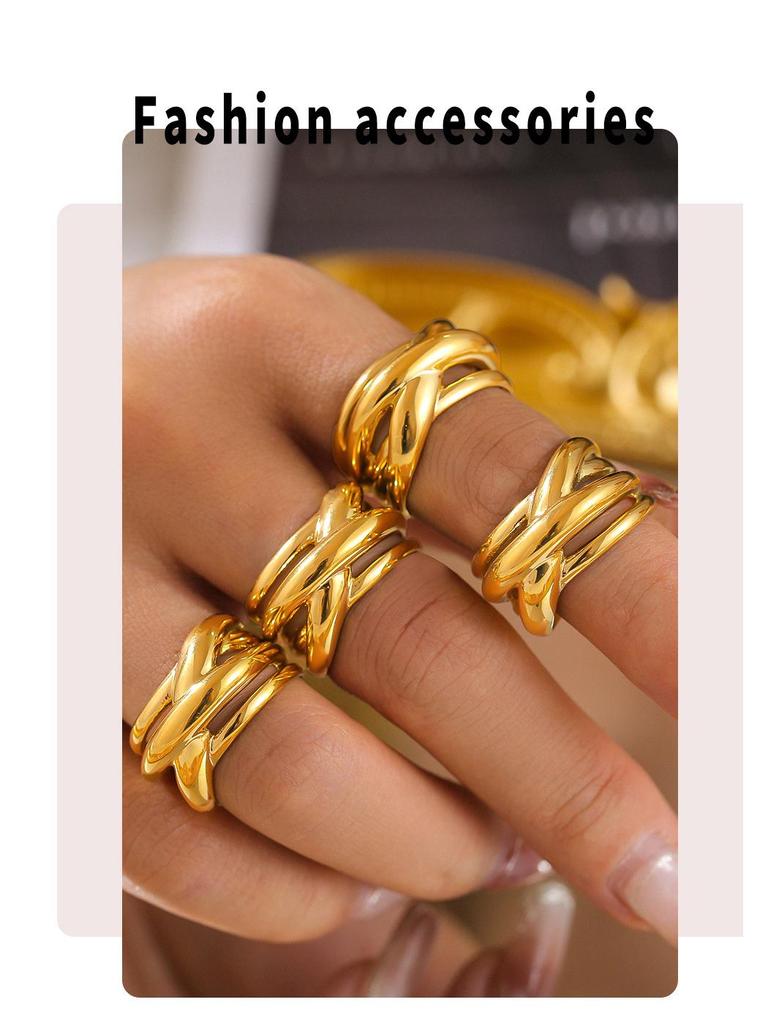 18k Gold Plated Geometric Multi-layer Titanium Steel Hollow Ring