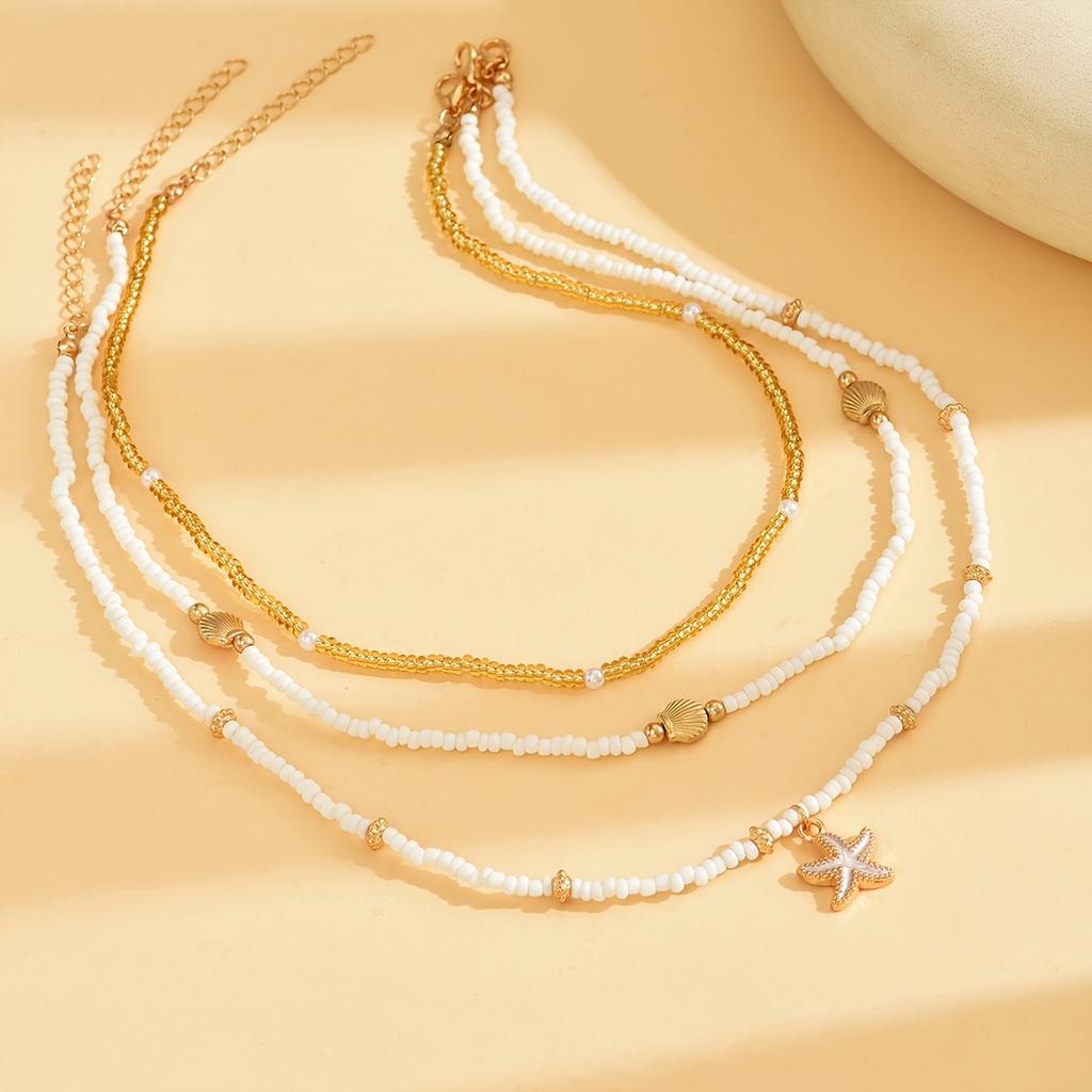 3 Pieces Women Fashion Choker Necklaces Shell Starfish Pendant Pearl Beads Golden Beads Minimalist Style Summer Beach Vacation Gift